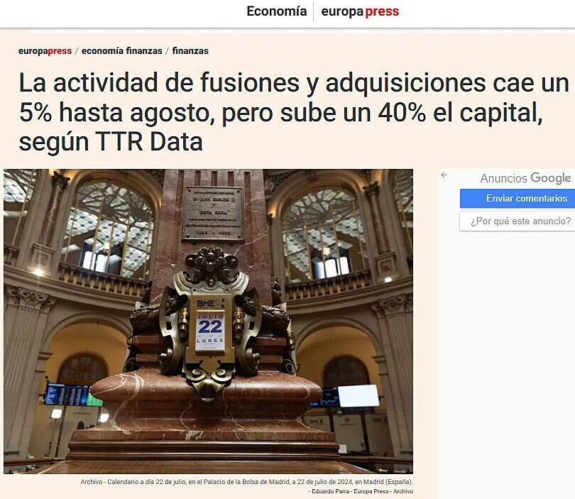 La actividad de fusiones y adquisiciones cae un 5% hasta agosto, pero sube un 40% el capital, segn TTR Data